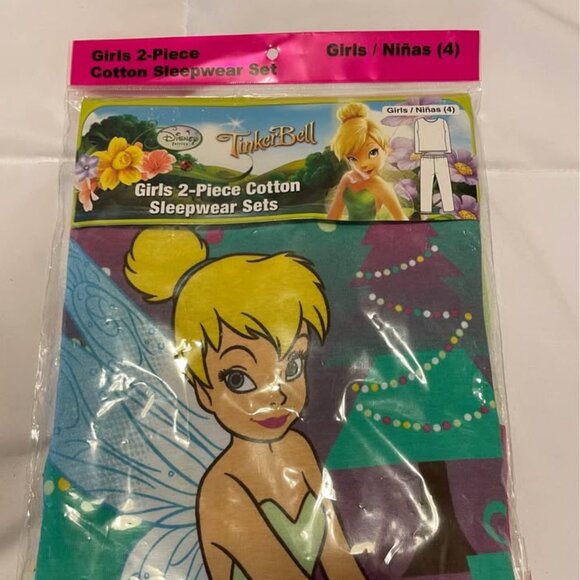 New Disney Tinkerbell 2 Piece Cotton Holiday Pajama Set Girl Sz 4 - Picture 1 of 3